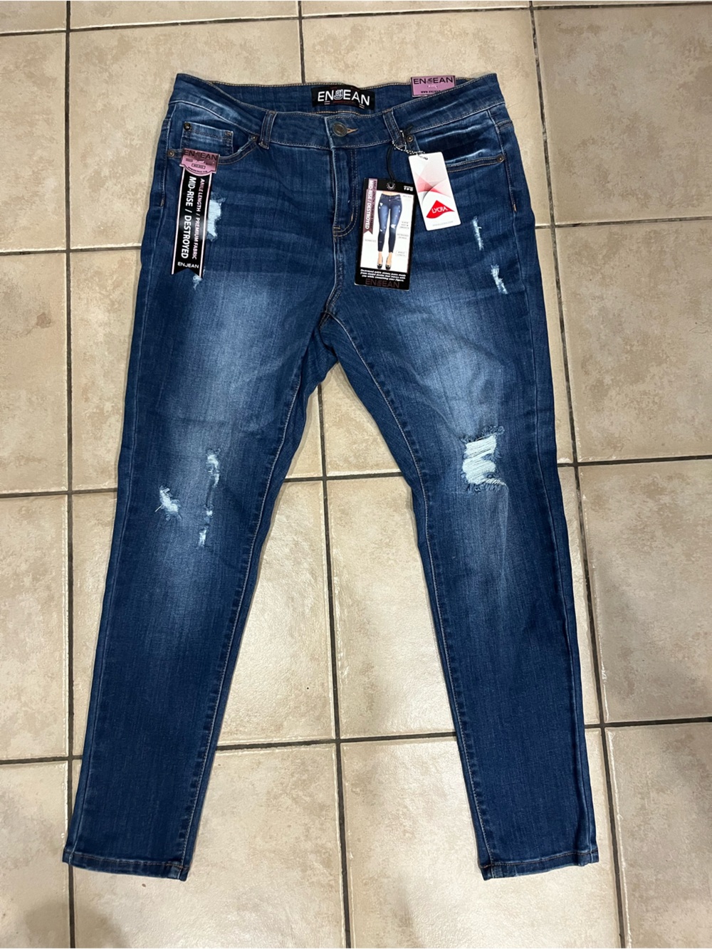 ENJEAN Women’s Dark Wash Distressed Skinny Jeans